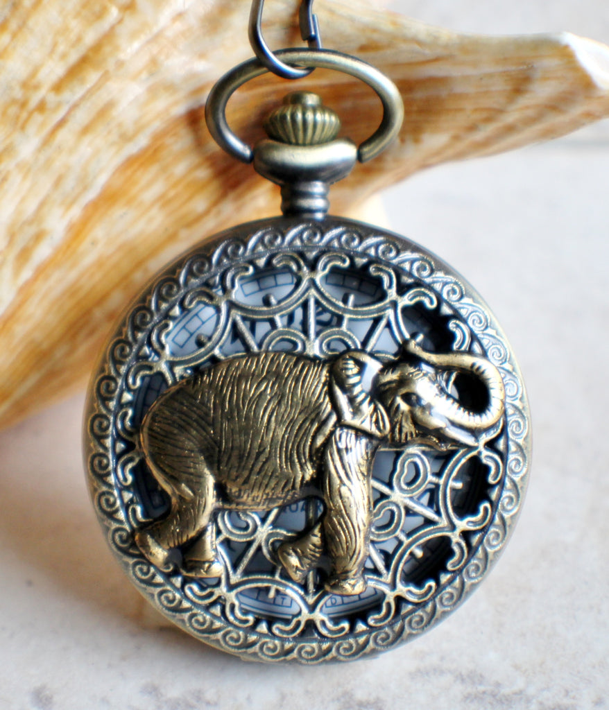 Elephant pocket watch,  Men's elephant pocket watch with tiger eye beads adorning chain - Char's Favorite Things - 1