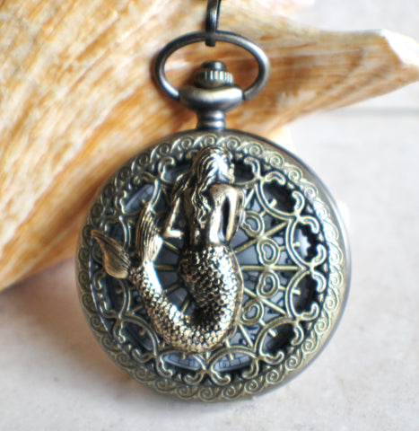 Mermaid pocket watch, mens pocket watch with mermaid mounted on front case - Char's Favorite Things - 1