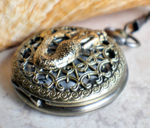 Mermaid pocket watch, mens pocket watch with mermaid mounted on front case - Char's Favorite Things - 2
