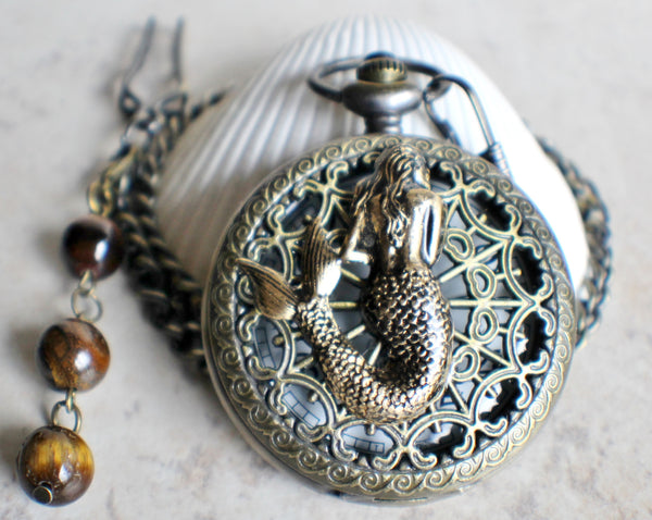 Mermaid pocket watch, mens pocket watch with mermaid mounted on front case - Char's Favorite Things - 3