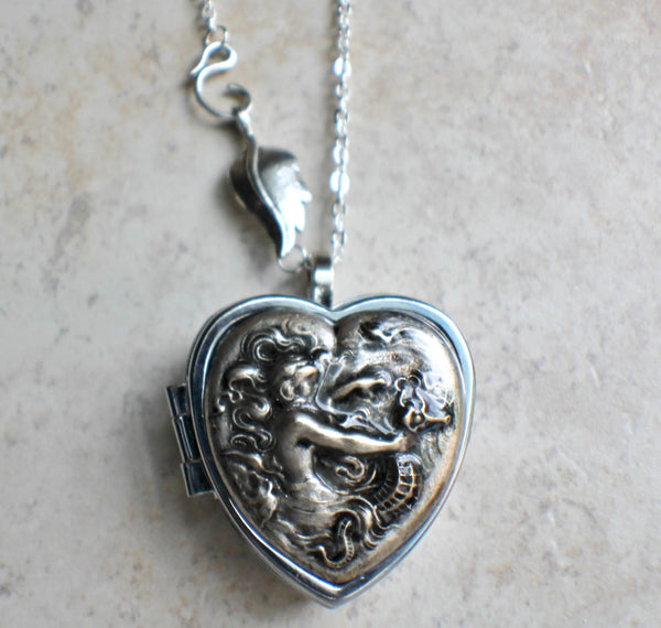 Music box locket,  heart shaped locket with music box inside, in silver with a mermaid and seahorse. - Char's Favorite Things - 4