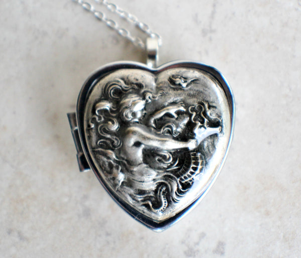 Music box locket,  heart shaped locket with music box inside, in silver with a mermaid and seahorse. - Char's Favorite Things - 3