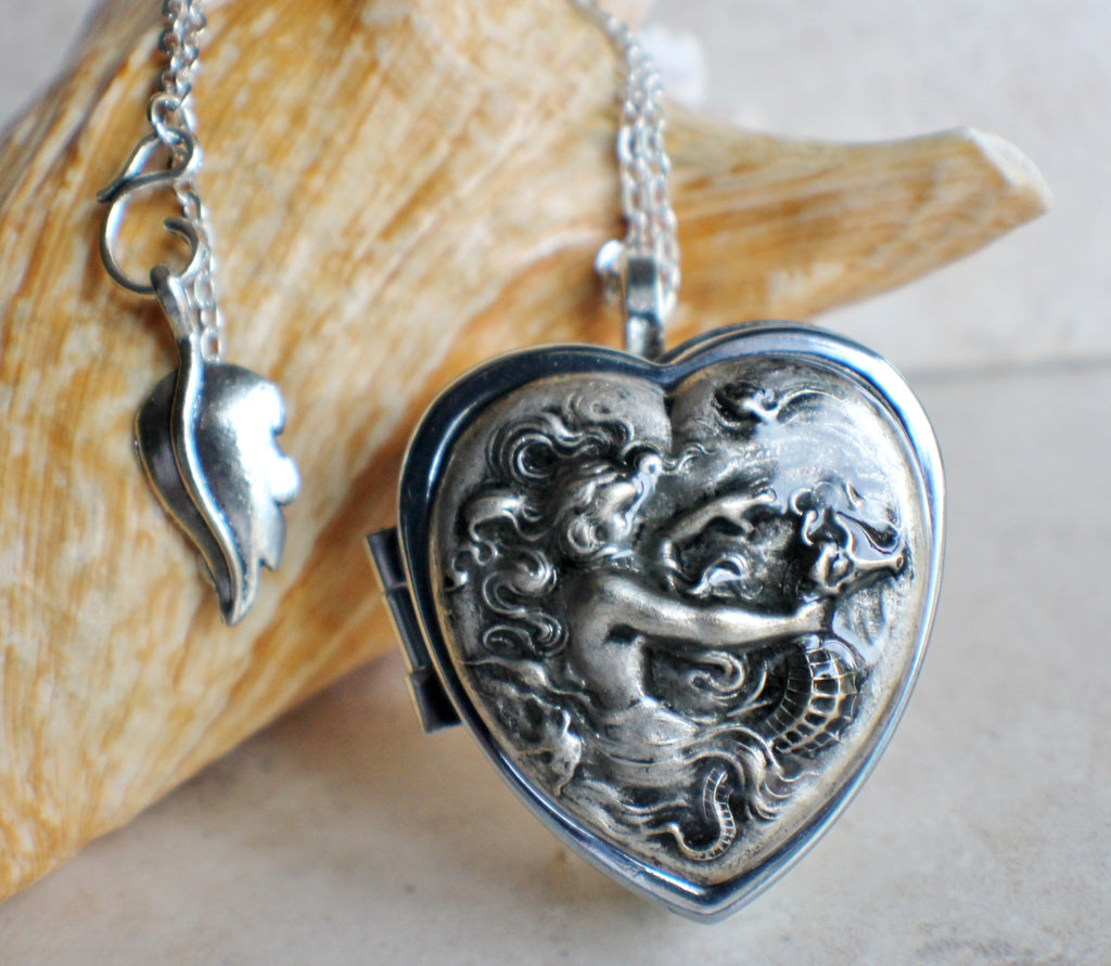 Music box locket,  heart shaped locket with music box inside, in silver with a mermaid and seahorse. - Char's Favorite Things - 1