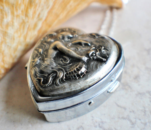 Music box locket,  heart shaped locket with music box inside, in silver with a mermaid and seahorse. - Char's Favorite Things - 2
