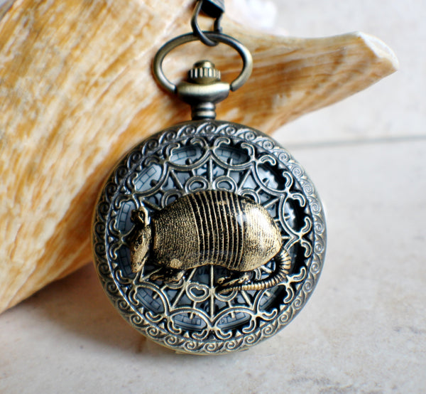 Armadillo pocket watch, mens pocket watch with armadillo mounted on front case - Char's Favorite Things - 1