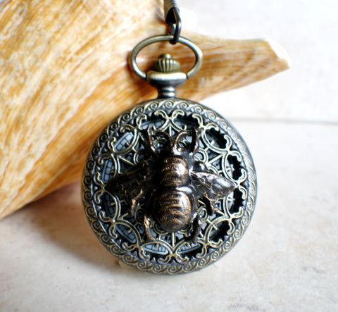 Bumble bee pocket watch,  men's bumble bee pocket watch with tiger eye beads on watch chain - Char's Favorite Things - 1