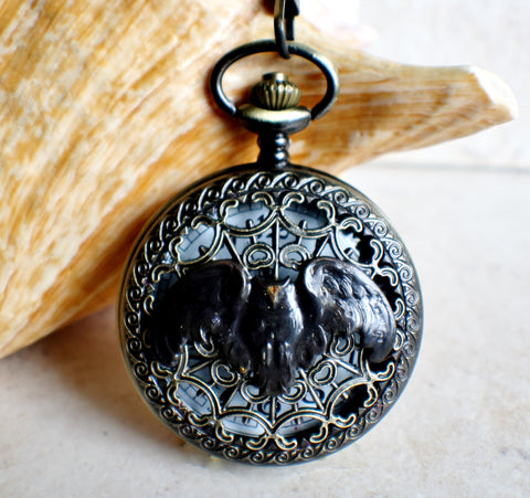 Owl pocket watch, mens pocket watch with flying owl mounted on front case - Char's Favorite Things - 1