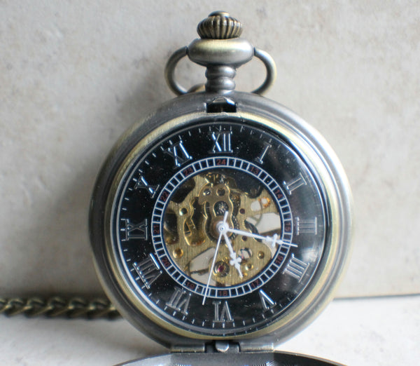 Bronze dragon pocket watch, men's mechanical  pocket watch with dragon watch fob.