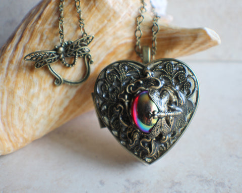 Dragonfly Music Box Locket with Ruby Glass Cabochon