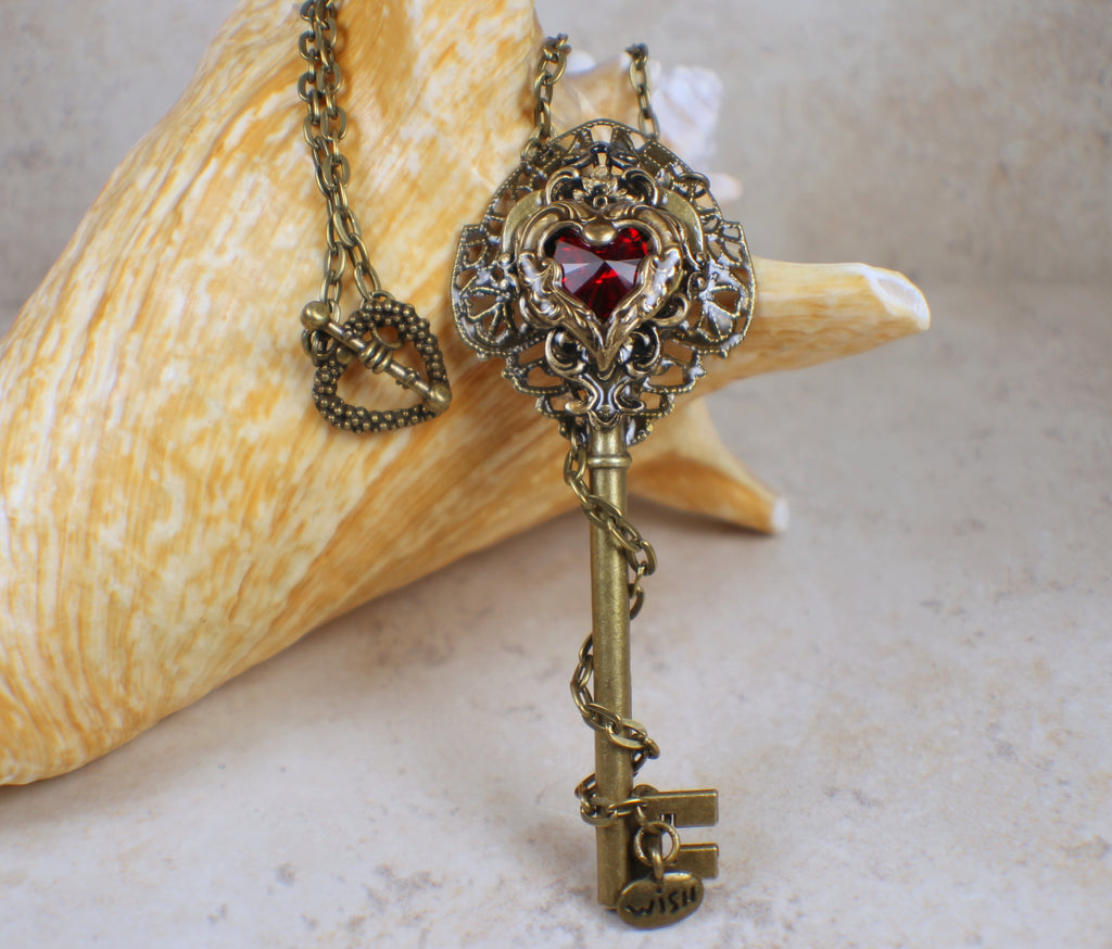 Victorian Skeleton Key Necklace with Your Choice Crystal Heart Red