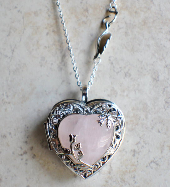 Music box locket in silver tone with rose quartz crystal heart. - Char's Favorite Things - 4