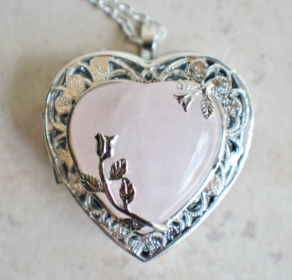 Music box locket in silver tone with rose quartz crystal heart. - Char's Favorite Things - 3