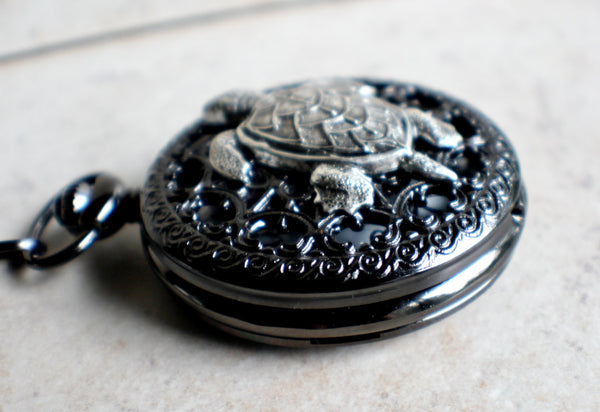 Turtle pocket watch battery operated in black. - Char's Favorite Things - 2