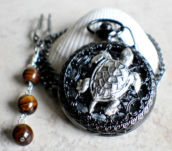 Turtle pocket watch battery operated in black. - Char's Favorite Things - 3