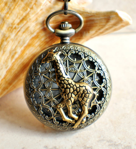 Giraffe battery operated pocket watch in bronze. - Char's Favorite Things - 1