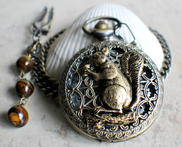 Squirrel pocket watch, mens pocket watch with squirrel mounted on front case