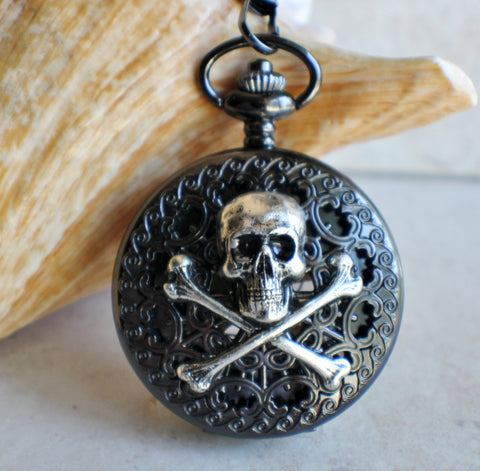 Black Skull and Crossbones Mechanical Pocket Watch - Char's Favorite Things - 1