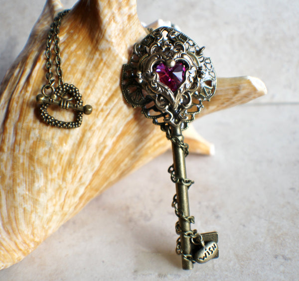 Victorian Skeleton Key Necklace with your Choice Crystal Heart