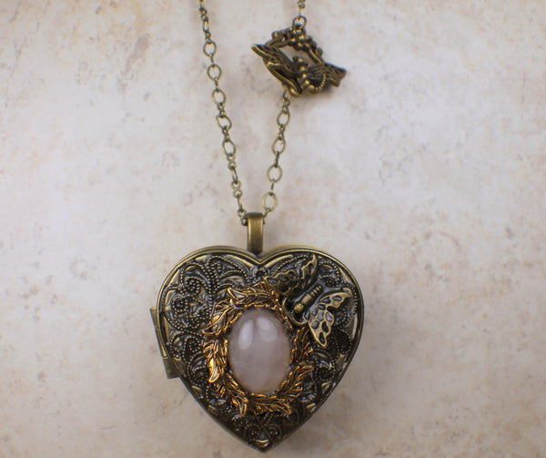 Rose Quartz Heart Music Box Locket in Bronze