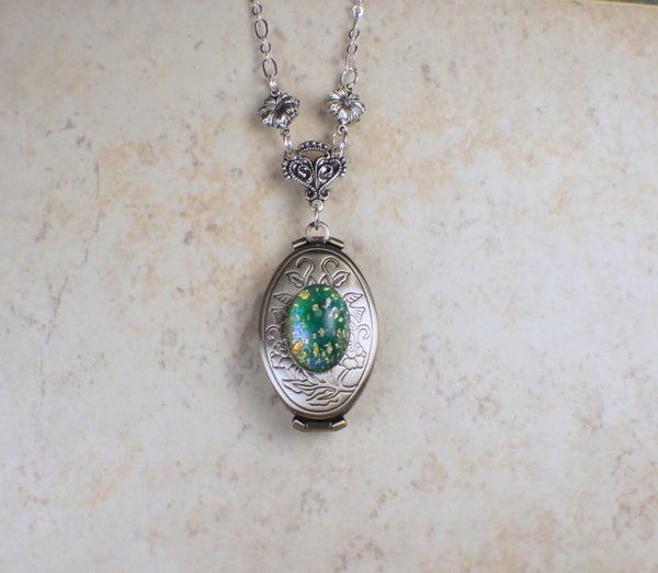 Green Glass Opal Silver Photo Locket