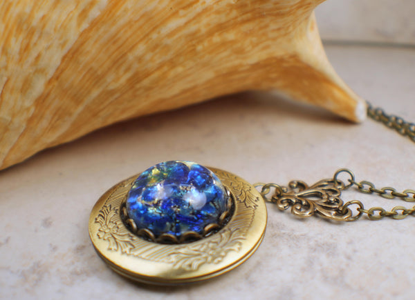 Sapphire Blue Glass Fire Opal Photo Locket