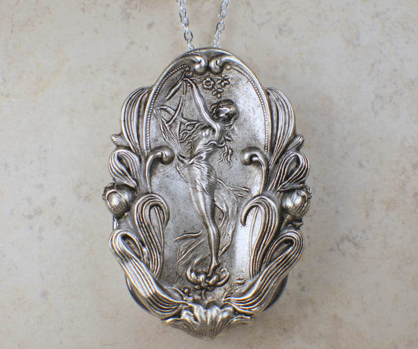 Goddess and Harp Music Box Locket in Silver