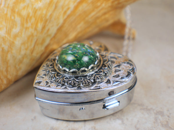 Emerald Green Glass Opal Silver Music Box Locket