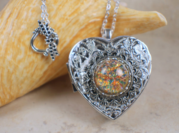 Monet Red Sunset Glass Opal Silver Music Locket