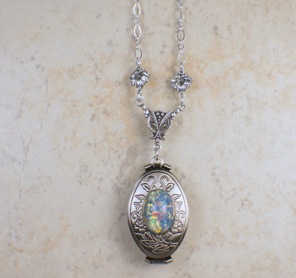 Blue Harlequin Glass Opal Silver Photo Locket