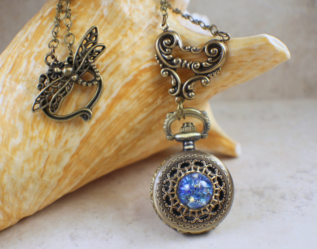 Sapphire Glass Opal Bronze Pocket Watch Pendant