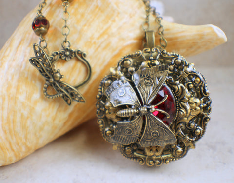 Red Crystal Butterfly Music Box Locket