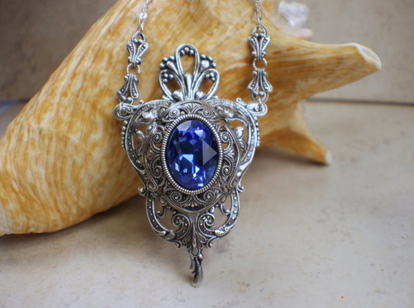 Sapphire Blue Swarovski Crystal and Filigree Pendant