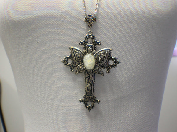 Silver Butterfly Cross With White Glass Opal
