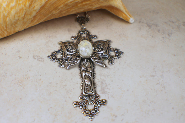 Silver Butterfly Cross With White Glass Opal