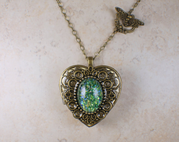 Green Sapphire Glass Opal Music Box Locket