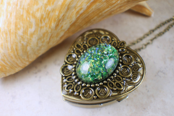 Green Sapphire Glass Opal Music Box Locket