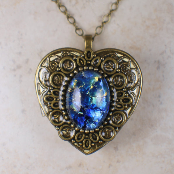 Sapphire Blue Glass Opal Music Box Locket
