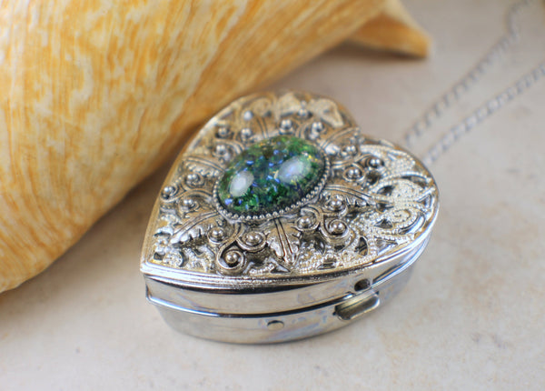 Green Emerald Glass Opal Music Box Locket