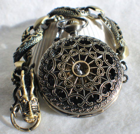 Bronze dragon pocket watch, men's mechanical  pocket watch with dragon watch fob. - Char's Favorite Things - 1