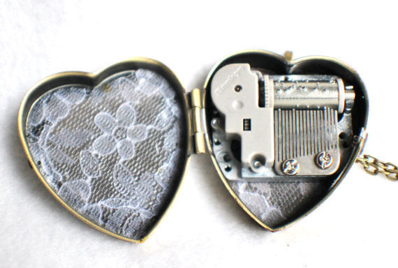 Music box locket, heart shaped locket with music box inside, in silver or bronze for weddings. - Char's Favorite Things - 5