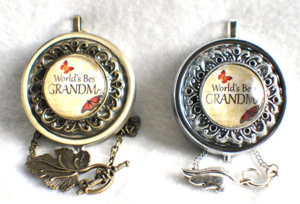 Music box locket,  round locket with music box inside, in silver tone or bronze with "World's Best Grandma" on cover. - Char's Favorite Things - 3
