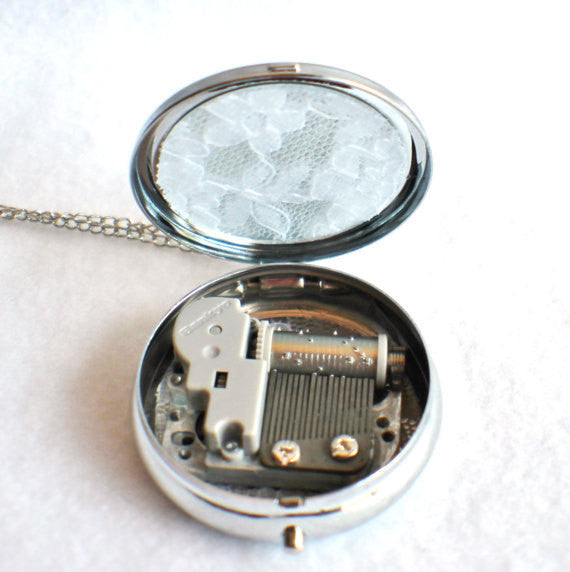 Music box locket, round locket with music box inside, in silver tone with Love and Butterfly Cabochon - Char's Favorite Things - 5