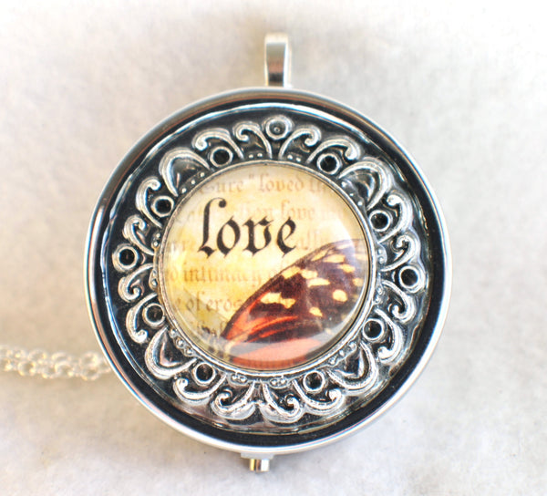 Music box locket, round locket with music box inside, in silver tone with Love and Butterfly Cabochon - Char's Favorite Things - 3