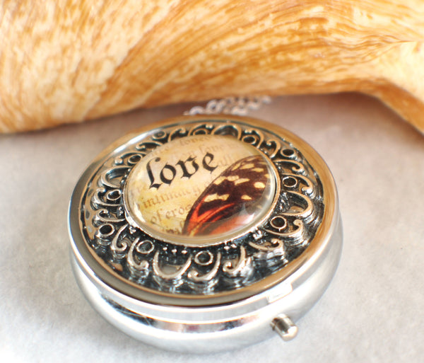 Music box locket, round locket with music box inside, in silver tone with Love and Butterfly Cabochon - Char's Favorite Things - 2