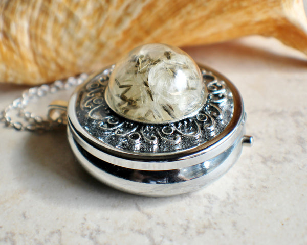 Music box locket,  round locket with music box inside, in silver with dandelion wishes encased in glass - Char's Favorite Things - 2