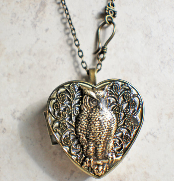 Music box locket, heart shaped locket with music box inside, with a bronze filigree and a bronze owl on front cover. - Char's Favorite Things - 4