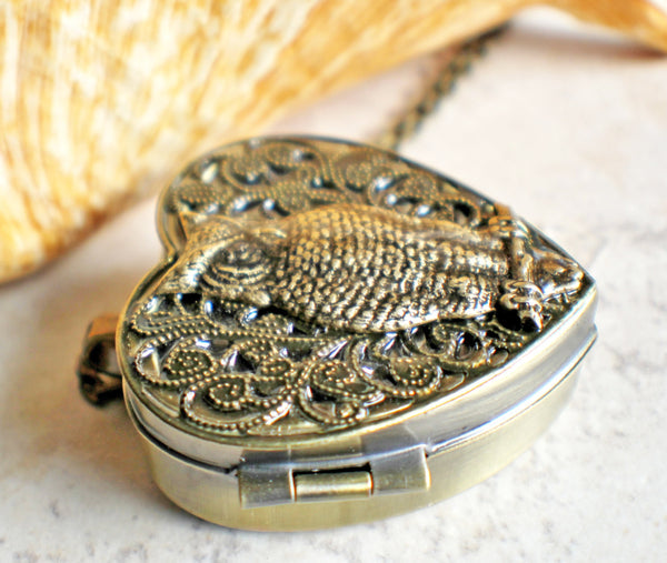 Music box locket, heart shaped locket with music box inside, with a bronze filigree and a bronze owl on front cover. - Char's Favorite Things - 2