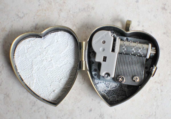 Music box locket, heart shaped locket with music box inside, with a bronze filigree and a bronze owl on front cover. - Char's Favorite Things - 5