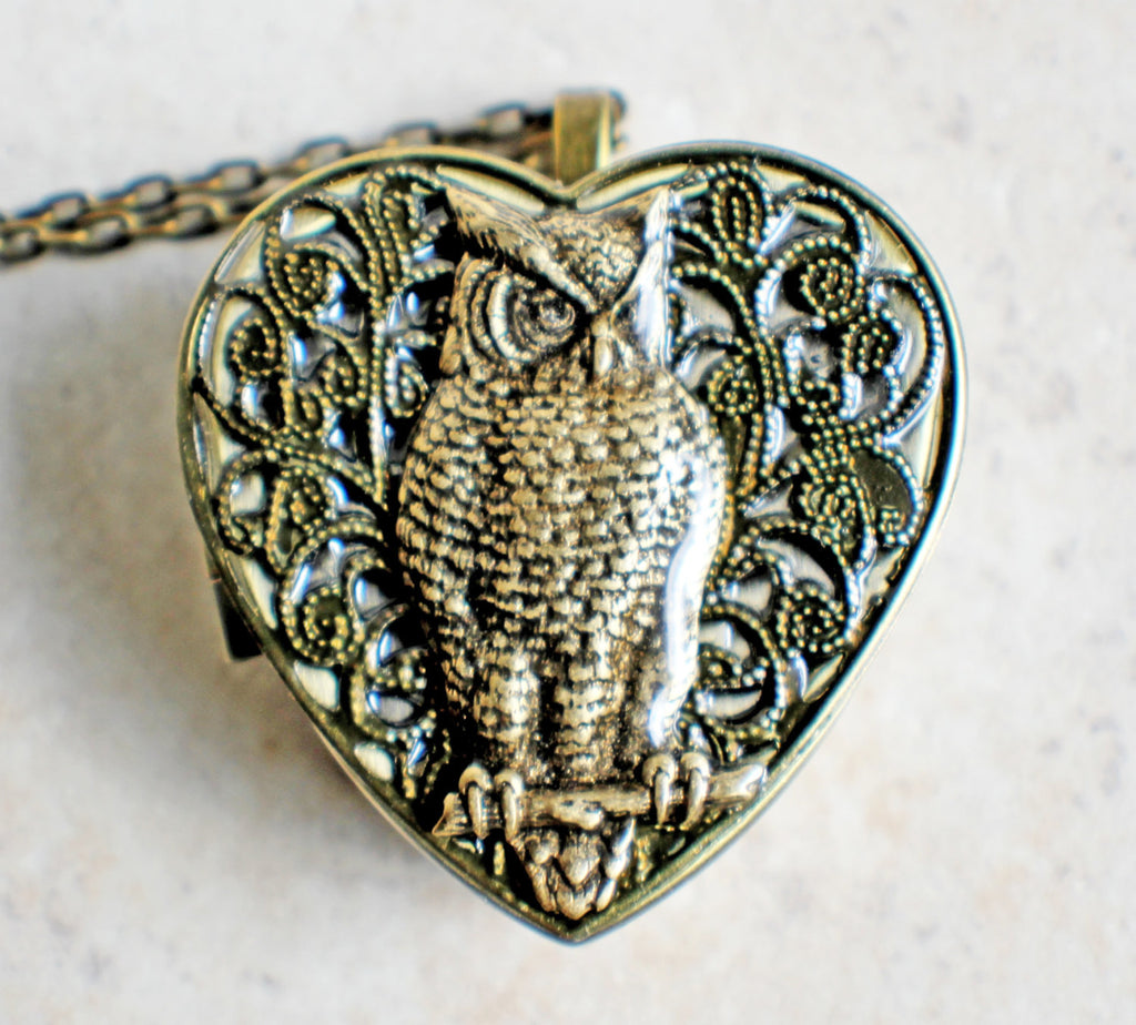 Music box locket, heart shaped locket with music box inside, with a bronze filigree and a bronze owl on front cover. - Char's Favorite Things - 3