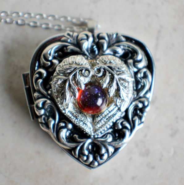Music box locket, heart locket with music box inside, in silver tone with floral heart, angel wings and dragons breath opal cabochon. - Char's Favorite Things - 3